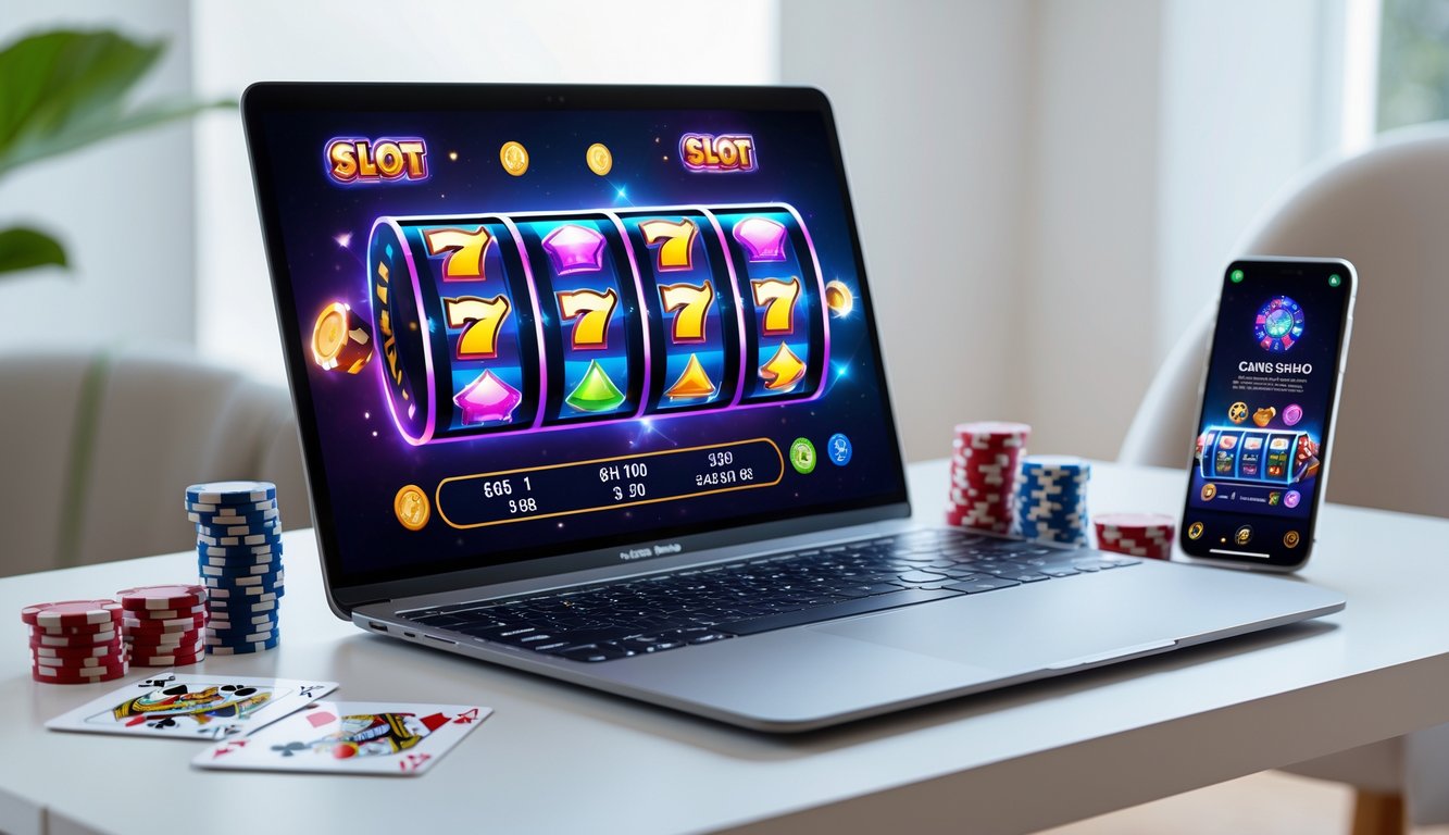 Sebuah laptop menampilkan permainan slot online dengan grafik warna-warni di meja kerja yang rapi dan terang.