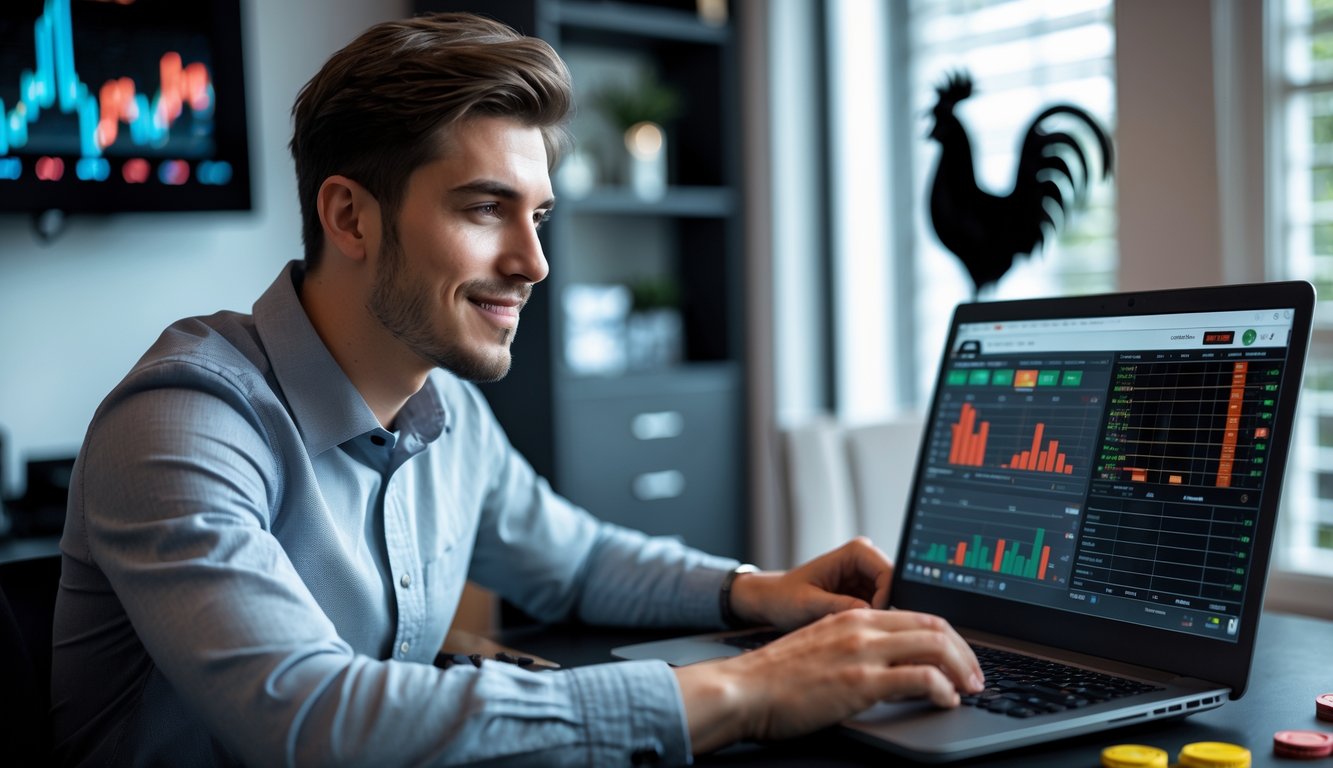 Seorang pria muda duduk di meja dengan laptop, fokus menganalisis data terkait judi sabung ayam secara online di ruang kerja yang rapi.