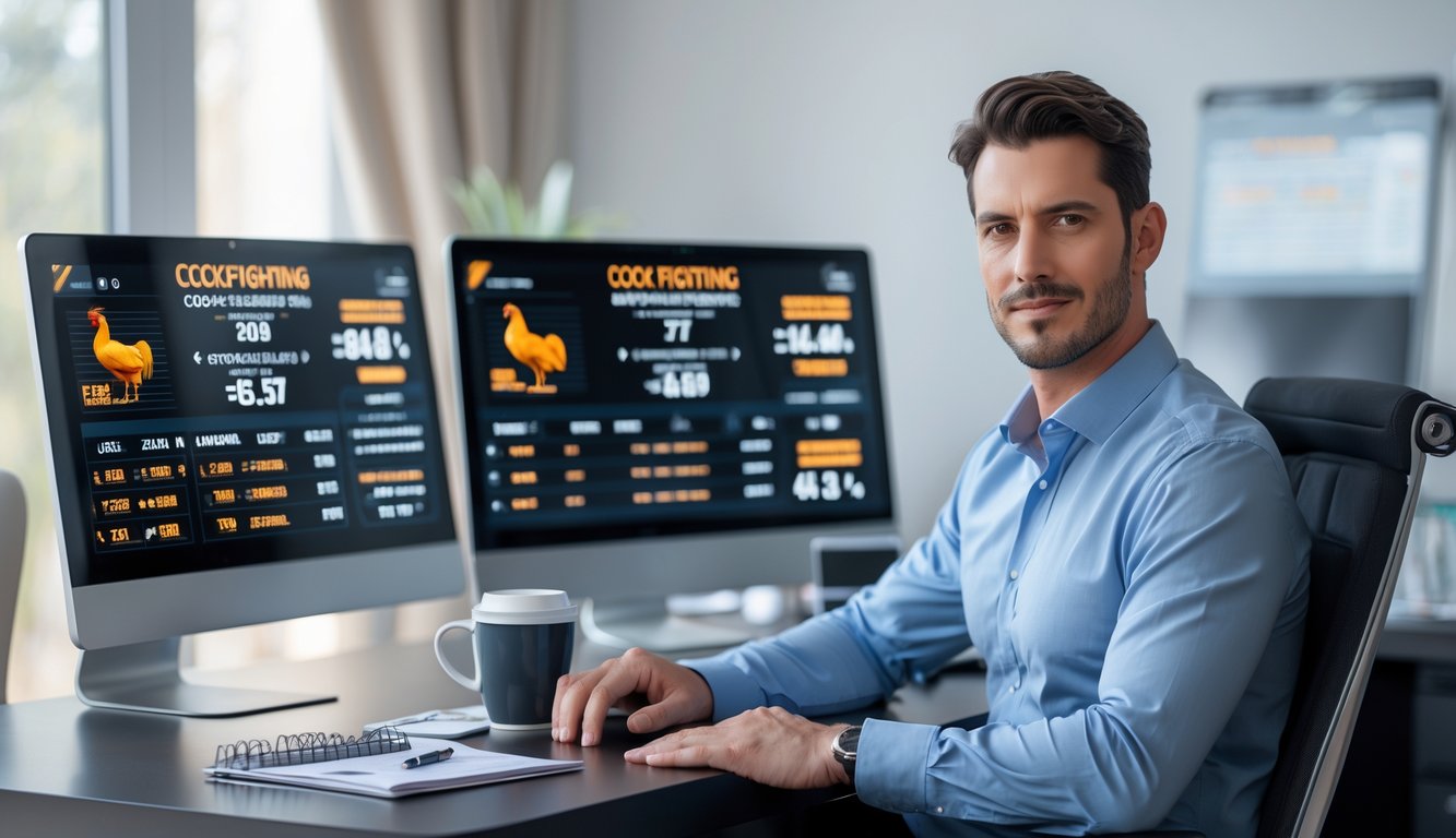 Seorang pria duduk di meja dengan beberapa layar komputer yang menampilkan data taruhan sabung ayam, tampak fokus dan serius di ruang kerja yang terang.