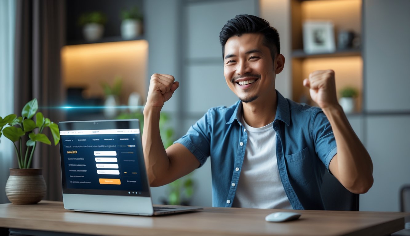 Seorang pria Asia Tenggara tersenyum dan melakukan gerakan kemenangan di depan laptop di dalam ruangan yang nyaman.