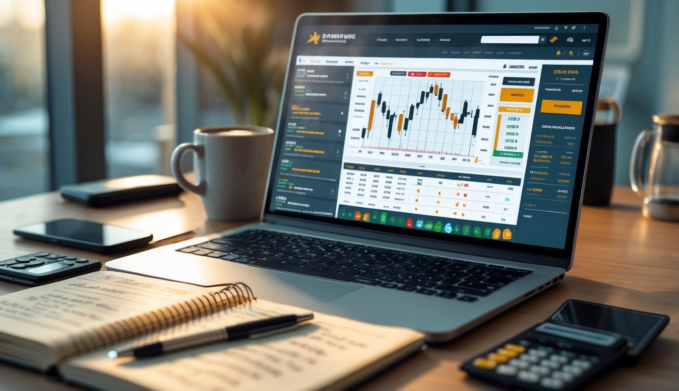 Meja kerja dengan laptop menampilkan situs taruhan sabung ayam, buku catatan dengan catatan strategi, dan alat tulis di sekitarnya.