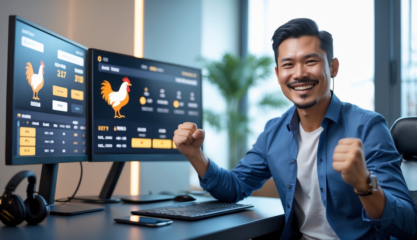 Seorang pria Asia Tenggara duduk di meja dengan beberapa layar komputer menampilkan aktivitas taruhan langsung, tersenyum dengan ekspresi kemenangan dan kegembiraan.
