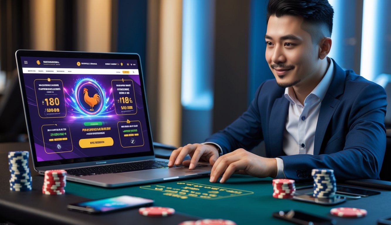 Seorang pria duduk di meja permainan dengan laptop dan chip poker, sedang fokus pada layar komputer yang menampilkan aktivitas judi online sabung ayam.