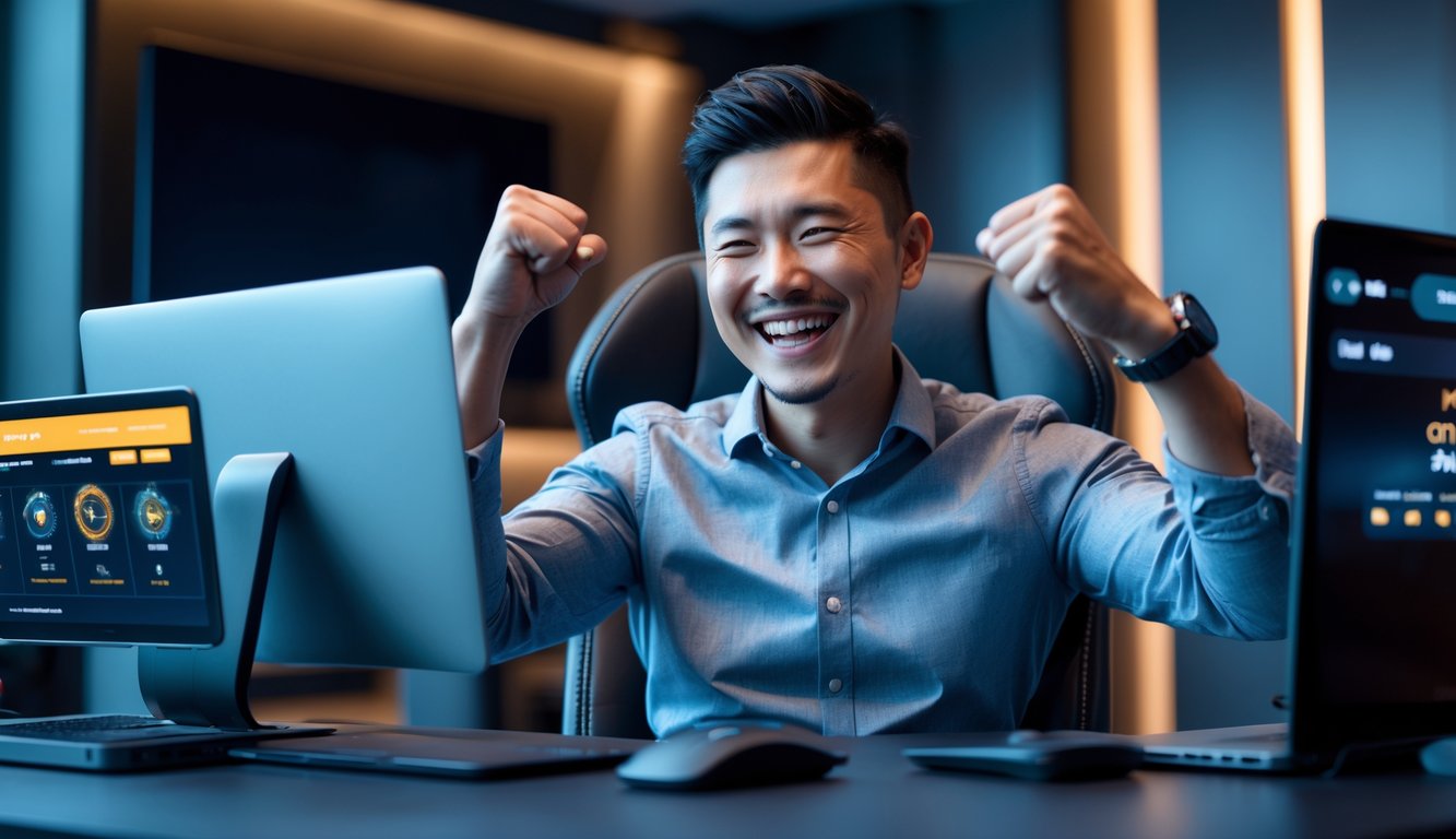 Seorang pria tersenyum dan merayakan kemenangan di depan perangkat digital di dalam ruangan modern.