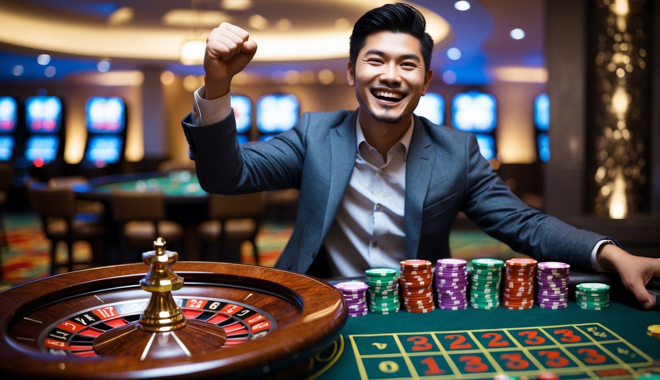 Seorang pria Asia muda tersenyum dan mengangkat tinju di depan meja roulette di kasino.