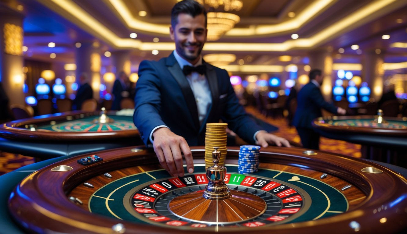 Seorang pemain sedang memasang chip di meja roulette dengan roda roulette yang sedang berputar di kasino yang ramai.