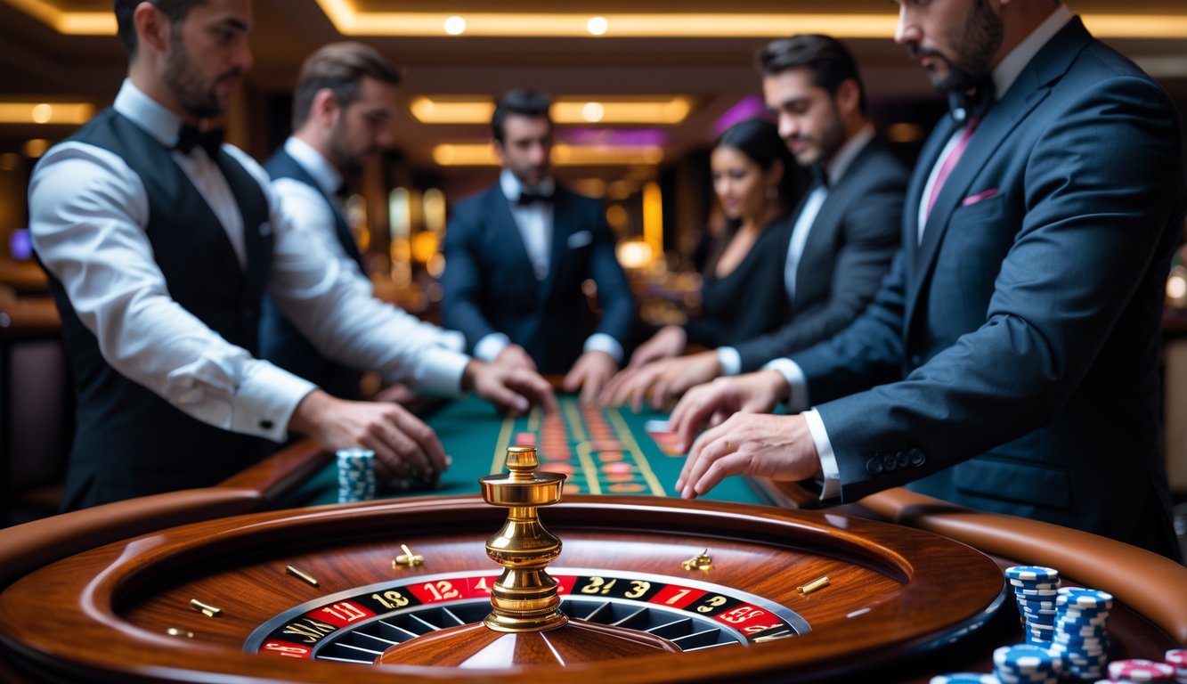 Meja roulette di kasino dengan pemain yang sedang memasang taruhan dan bola putih berputar di roda roulette.