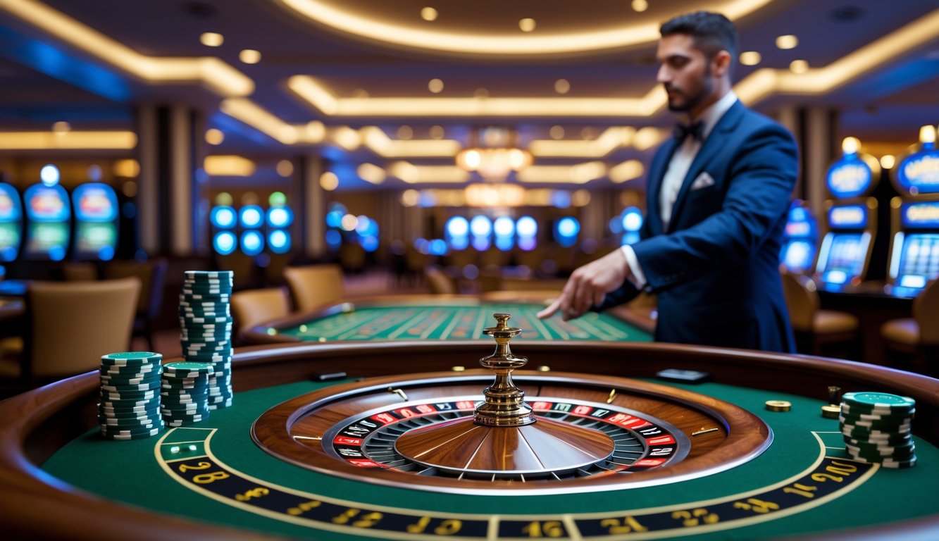 Meja roulette dengan roda triple nol dan dealer yang sedang memutar roda di kasino mewah.