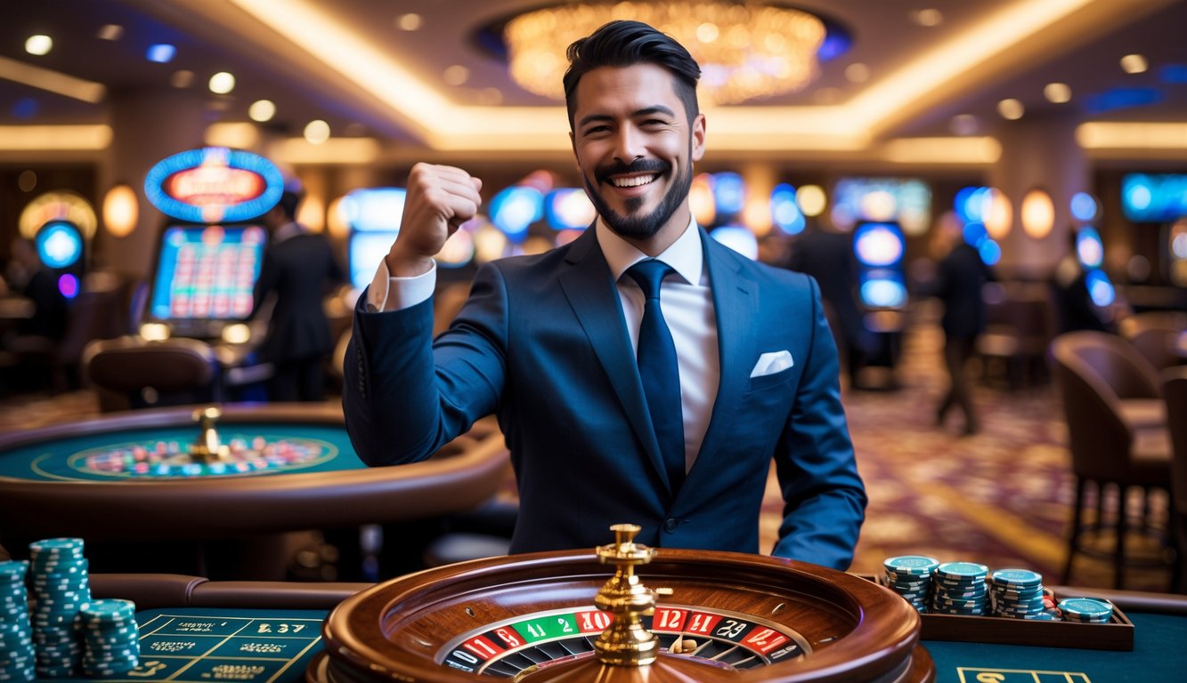 Seorang pria merayakan kemenangan besar di meja roulette di kasino dengan ekspresi bahagia dan latar belakang suasana kasino yang mewah.