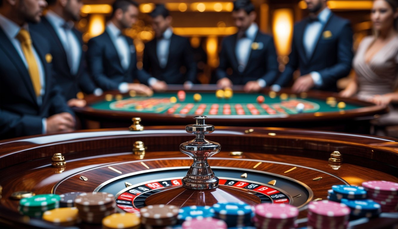 Meja roulette kasino dengan roda roulette berputar dan tumpukan chip di sekitarnya, pemain berpakaian rapi terlihat di latar belakang.