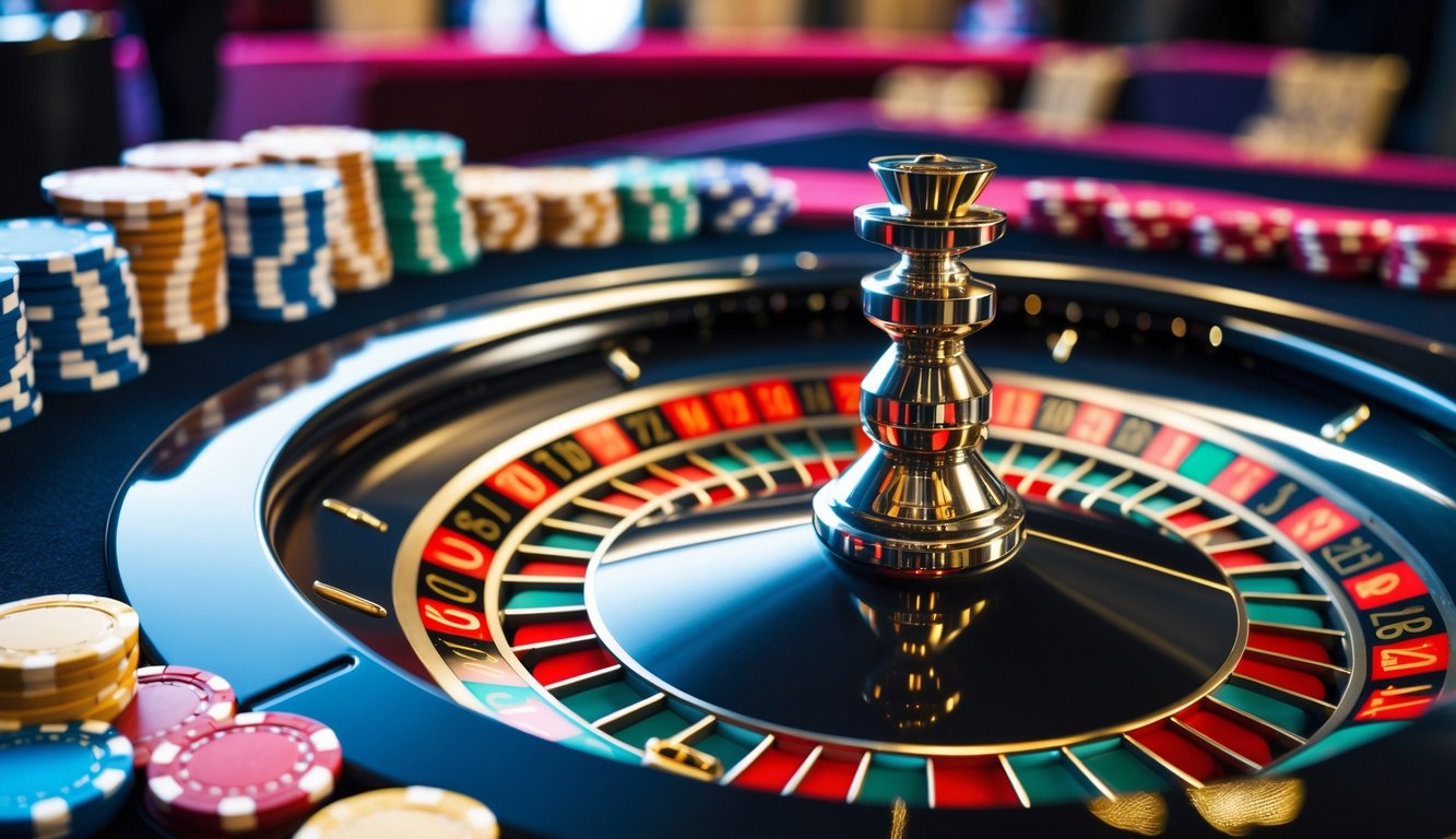 Meja roulette kasino dengan roda roulette yang berputar dan tumpukan chip warna-warni di sekitarnya.