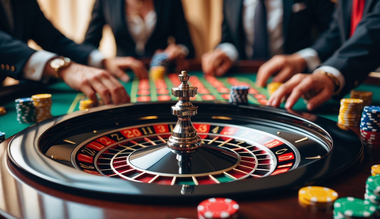 Meja roulette dengan roda triple nol dan pemain yang sedang memasang taruhan di kasino.