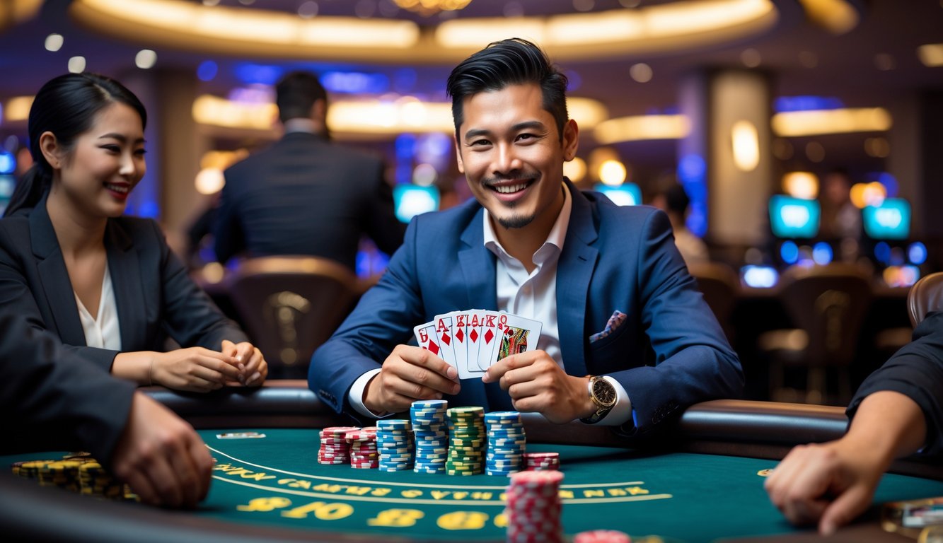 Seorang pria sedang merayakan kemenangan poker di meja kasino dengan kartu dan tumpukan chip di depannya.