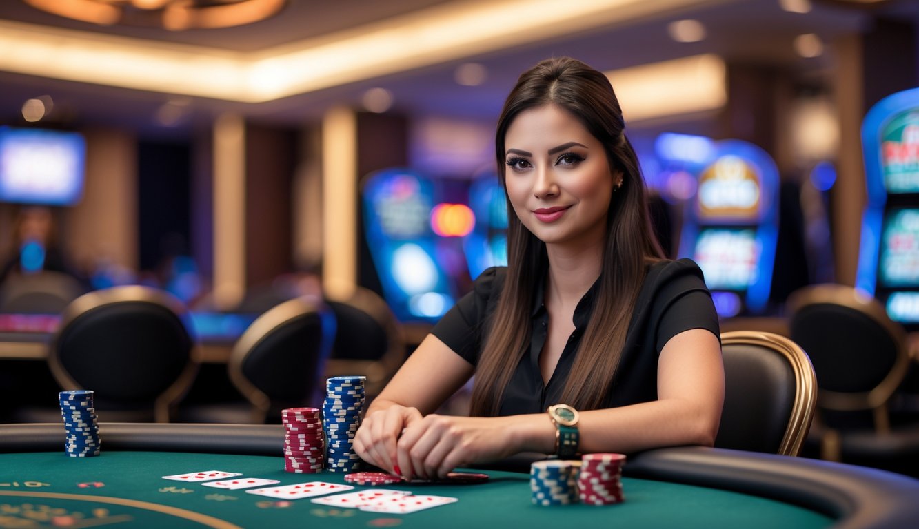Seorang wanita muda duduk di meja poker dengan kartu dan tumpukan chip, terlihat fokus dan percaya diri di kasino.