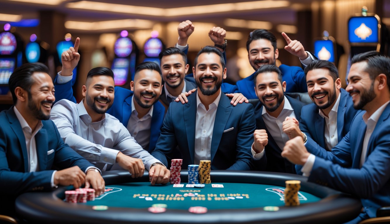 Sekelompok pria sedang merayakan kemenangan di meja poker di dalam kasino.