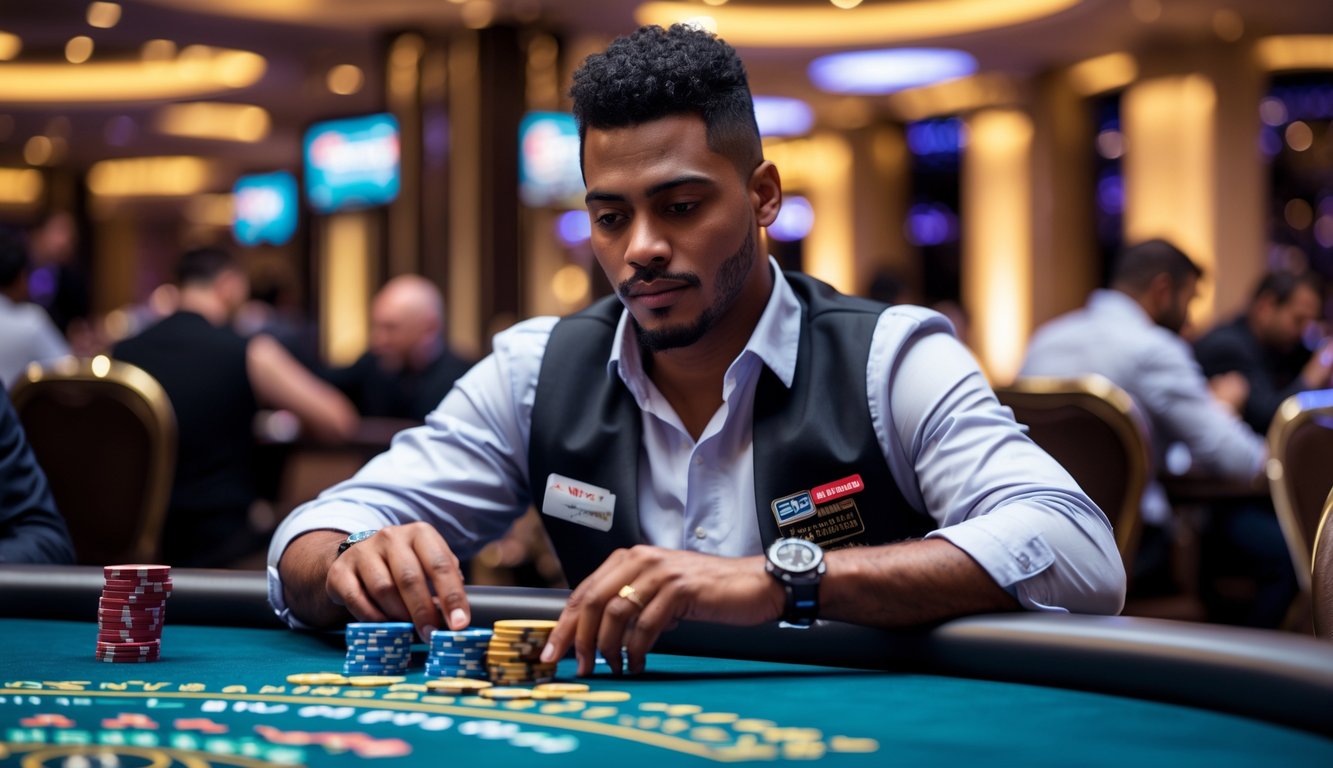 Seorang pemain poker fokus bermain di meja Pot-Limit Omaha dengan tumpukan chip di depan dan suasana kasino mewah di latar belakang.