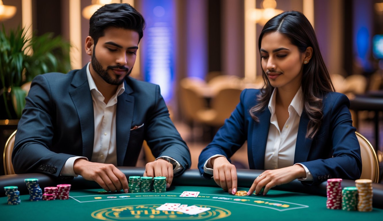 Seorang pria dan wanita duduk di meja poker di kasino, fokus bermain dan merencanakan strategi dalam permainan Pot-Limit Omaha.