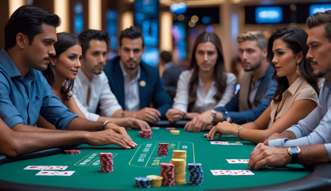 Beberapa orang sedang bermain poker Pot-Limit Omaha di meja hijau dengan chip dan kartu, di dalam kasino modern.