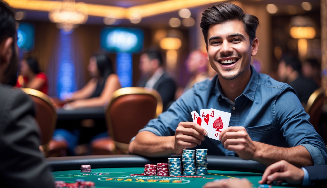 Seorang pria muda tersenyum lebar sambil memegang kartu pemenang di meja poker dengan tumpukan chip di depannya di dalam kasino.