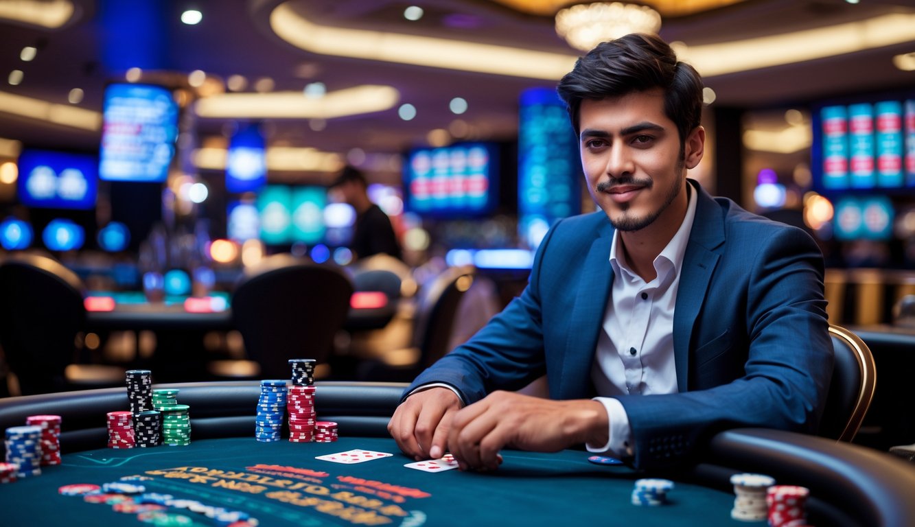 Seorang pria muda duduk di meja poker dengan kartu dan chip poker di depan, fokus bermain Pot-Limit Omaha di kasino modern.