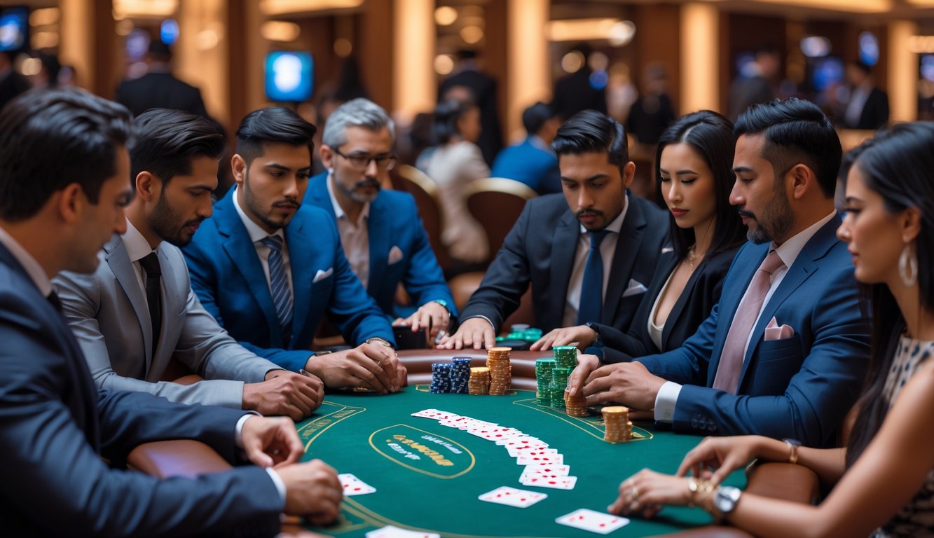 Sekelompok orang dewasa bermain poker Pot-Limit Omaha di meja kasino dengan suasana serius dan fokus.