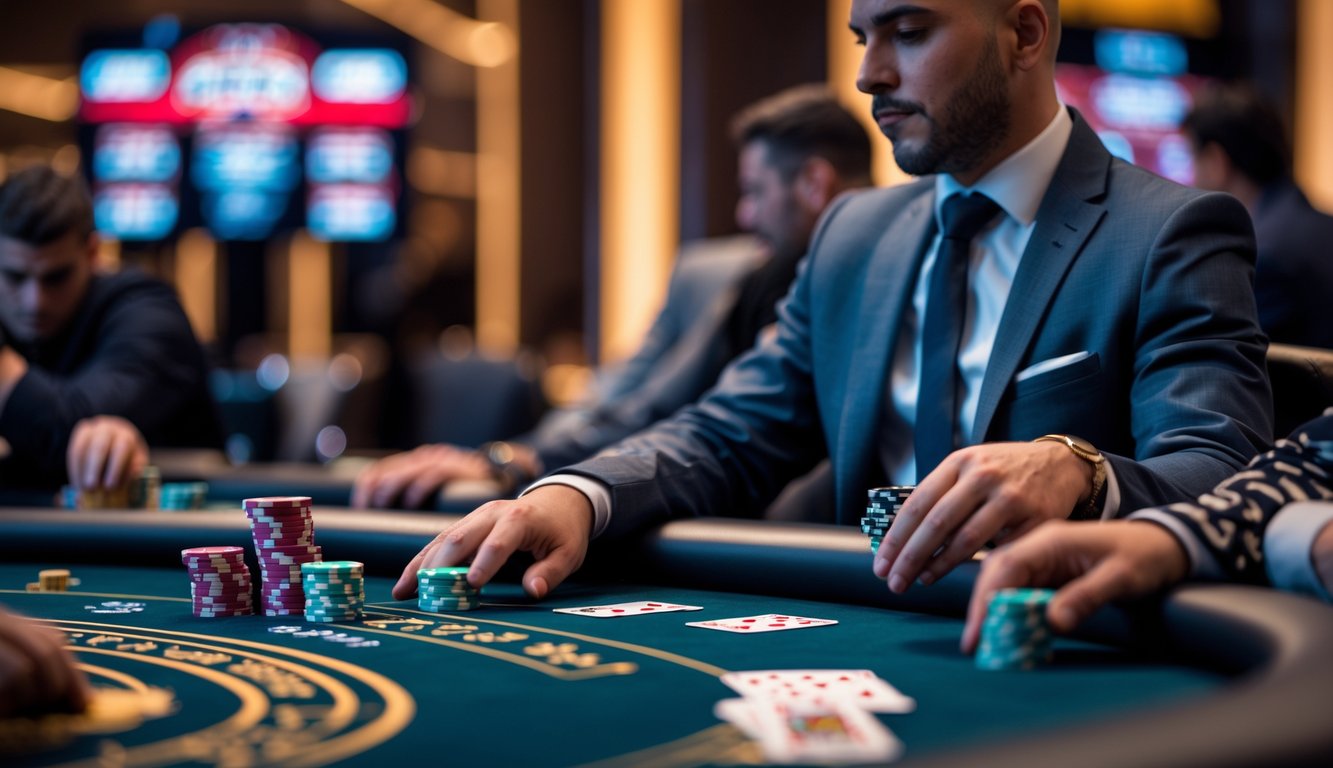 Seorang pemain poker fokus bermain Pot-Limit Omaha di meja kasino dengan tumpukan chip dan kartu di tangan.