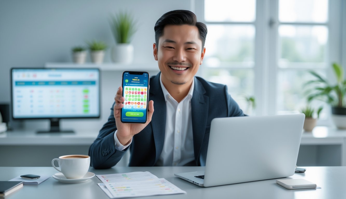 Seorang pria Asia Tenggara tersenyum sambil memegang ponsel di meja kerja dengan laptop dan tanaman di latar belakang.