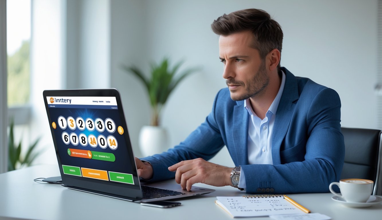 Seorang pria duduk di meja dengan laptop, terlihat fokus dan berpikir sambil menggunakan situs judi togel online.