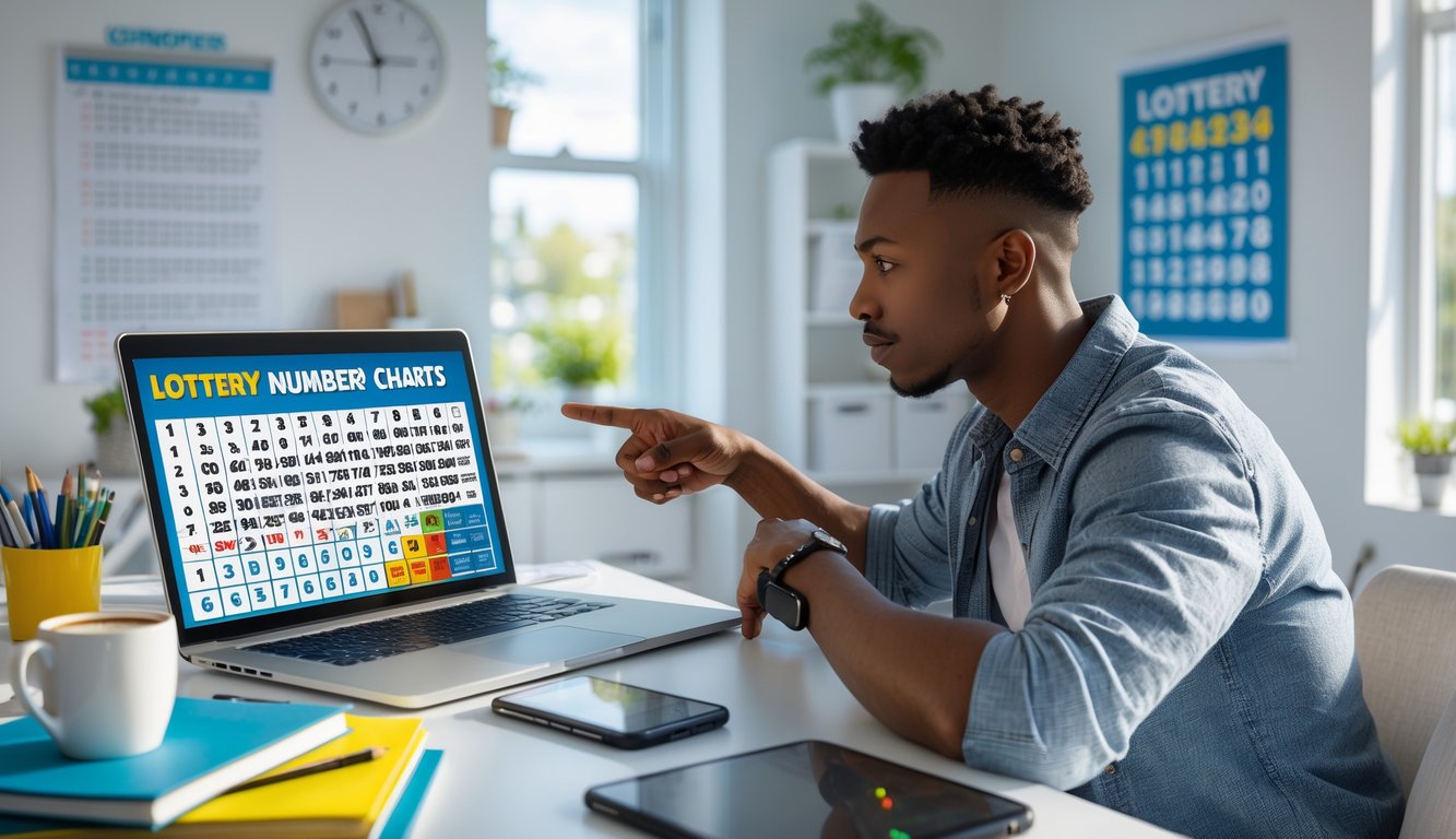 Seorang dewasa muda duduk di meja kerja dengan laptop dan catatan, fokus menganalisis angka togel di ruang kerja yang terang.