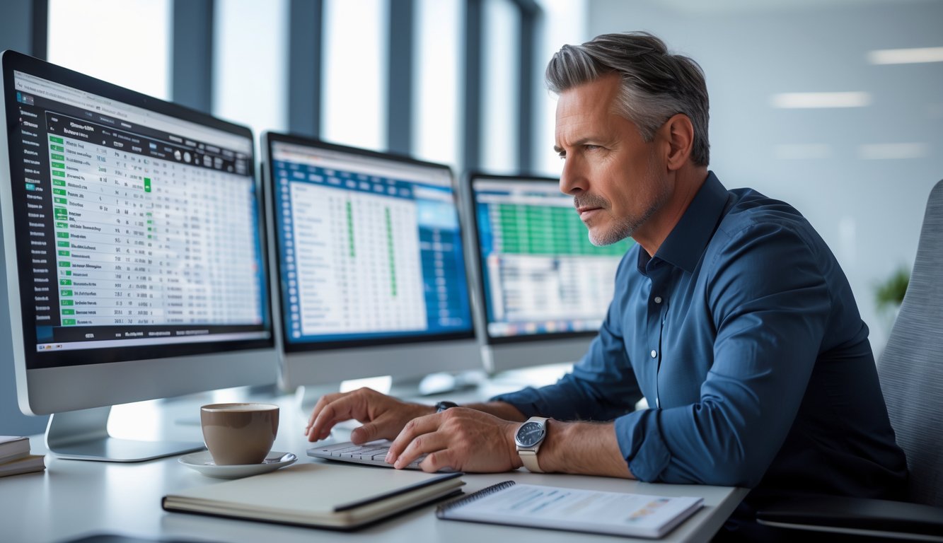 Seorang pria dewasa duduk di meja modern, fokus melihat layar komputer dengan grafik dan angka terkait judi togel.