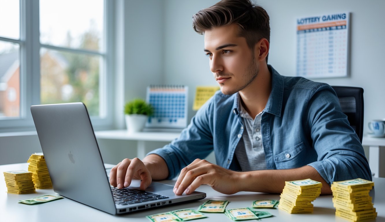 Seorang dewasa muda duduk di meja kerja dengan laptop dan tumpukan uang kecil serta tiket lotre, tampak fokus menganalisis data di ruangan kantor rumah yang terang.