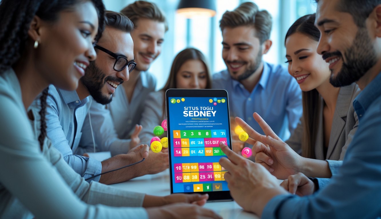 Sekelompok orang sedang menggunakan perangkat digital untuk bermain judi togel secara online dengan suasana yang cerah dan fokus.