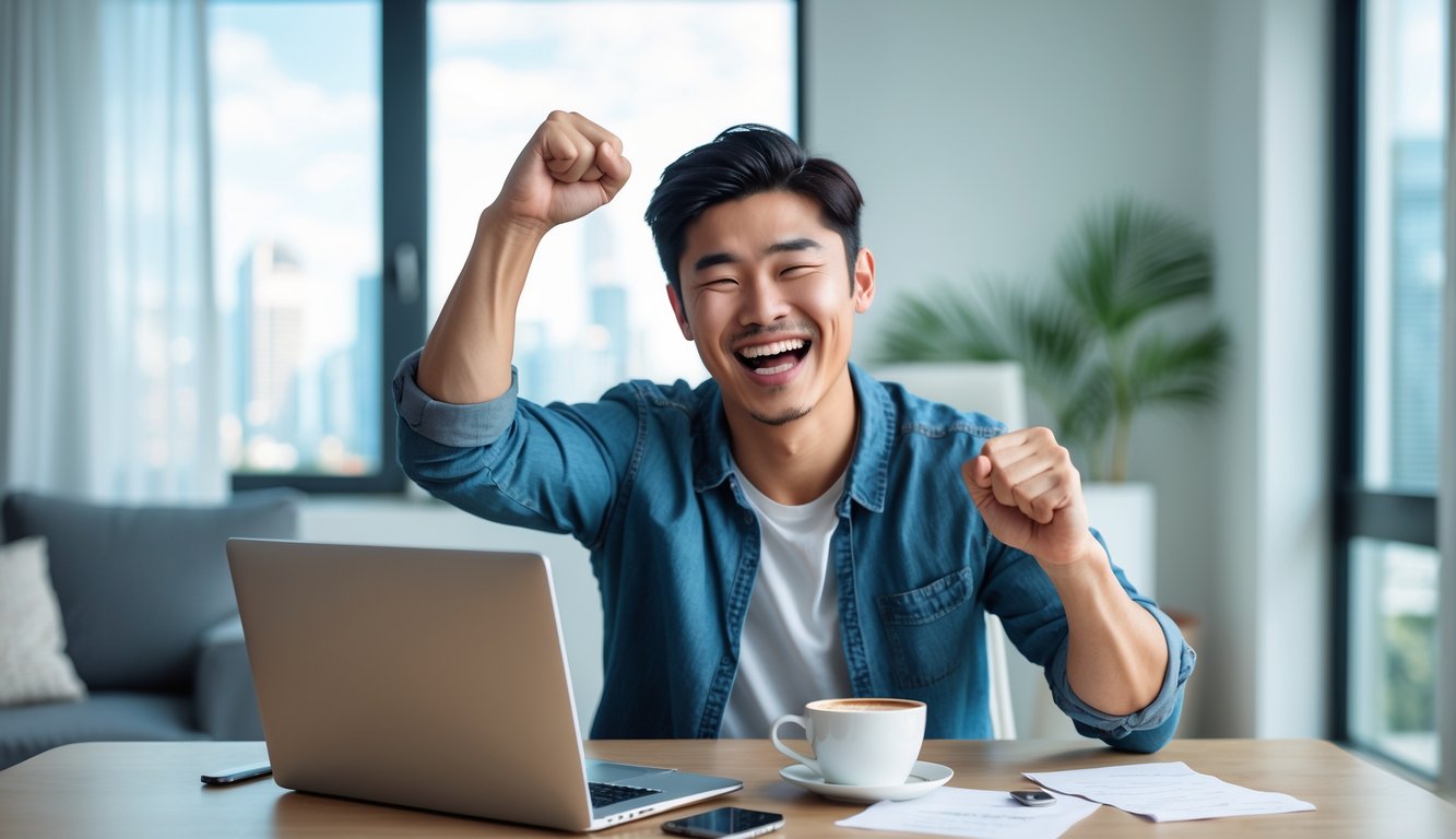 Seorang pria muda tersenyum gembira sambil menggunakan laptop di meja kerja di rumah.