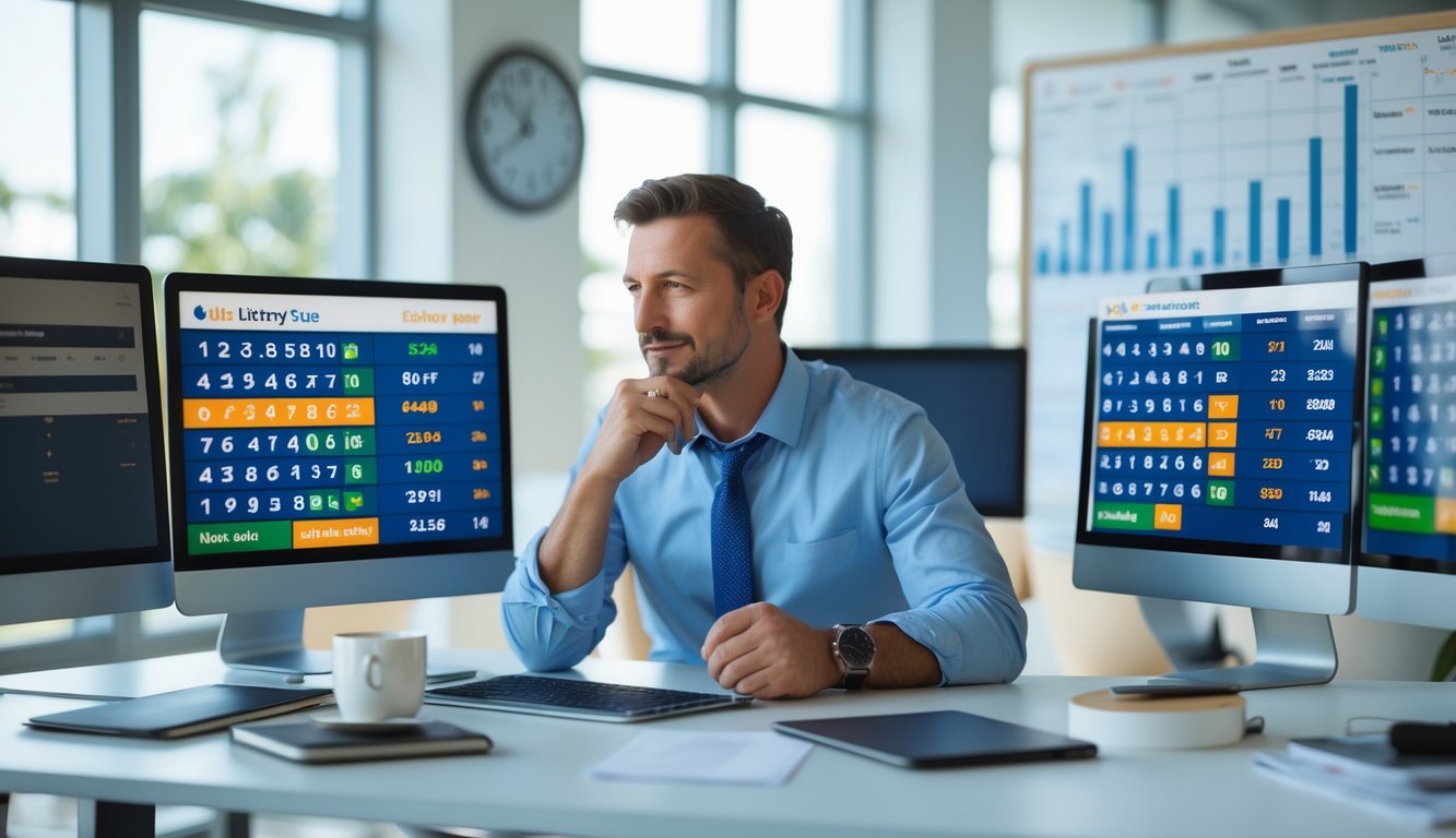 Seorang pria duduk di meja kantor dengan beberapa layar komputer menampilkan angka togel dan grafik statistik, sedang menganalisis data dengan serius.