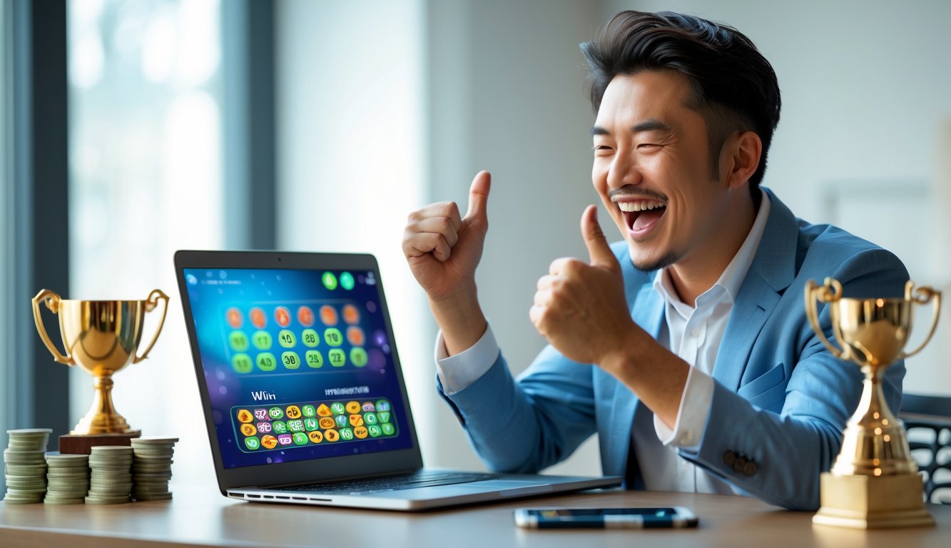 Seorang pria Asia tersenyum dan merayakan kemenangan saat bermain togel online di laptop di sebuah ruangan yang terang.