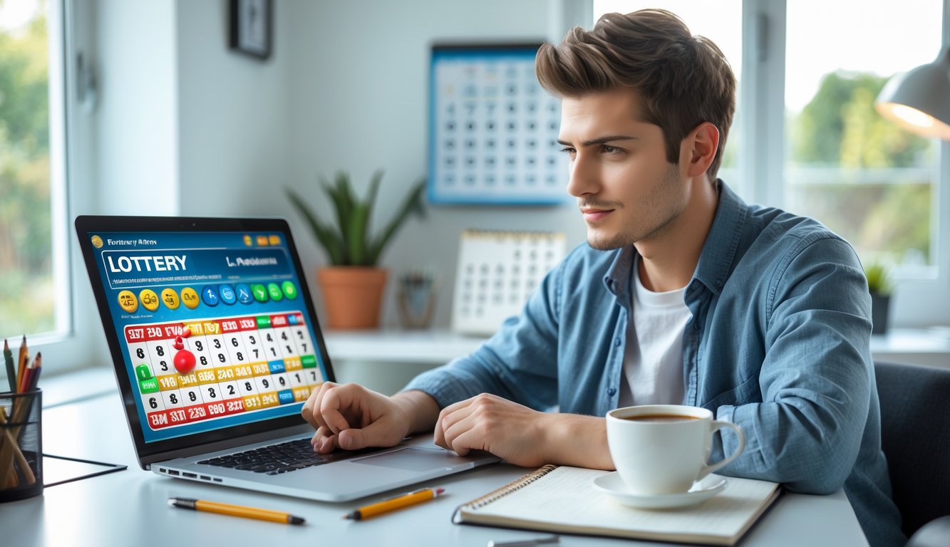 Seorang dewasa muda duduk di meja kerja dengan laptop, terlihat fokus dan serius dalam suasana kantor rumah yang rapi dan terang.