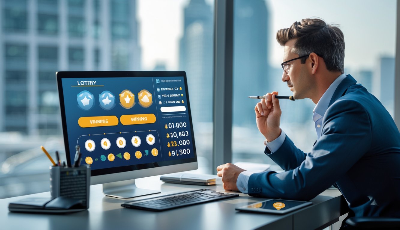 Seseorang sedang menganalisis data togel di depan laptop dengan grafik dan suasana kantor modern di latar belakang.