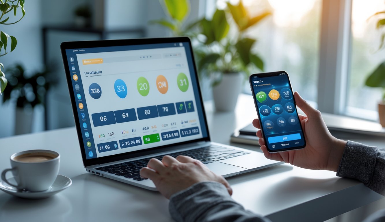 Seseorang sedang menggunakan laptop dan ponsel di meja kerja dengan latar belakang kantor rumah yang nyaman.