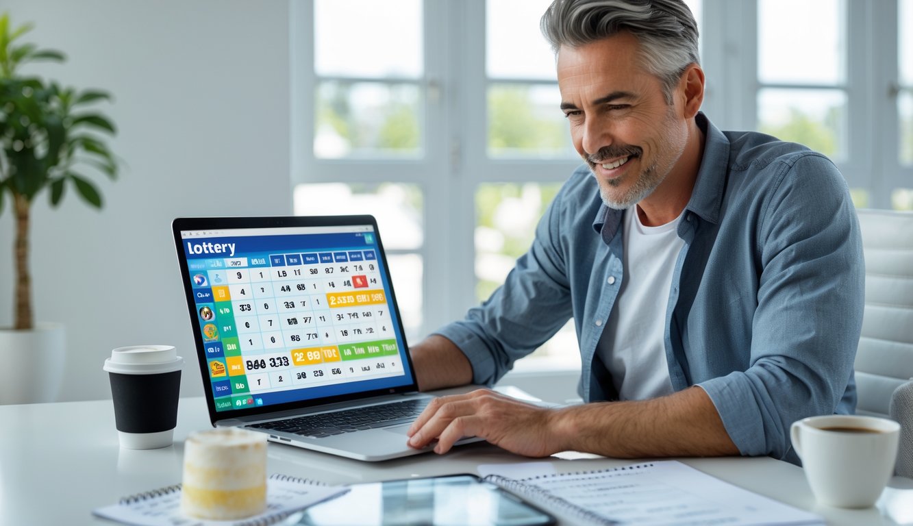 Seorang pria duduk di meja dengan laptop dan ponsel, fokus melihat layar yang menampilkan angka lotere dan catatan, di ruang kerja yang terang dan rapi.
