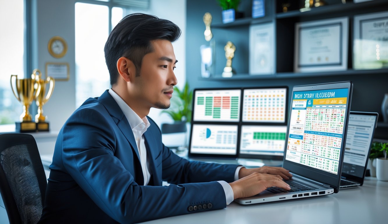 Seorang pria Asia duduk di meja kantor modern dengan laptop dan beberapa layar yang menampilkan grafik dan angka lotere.