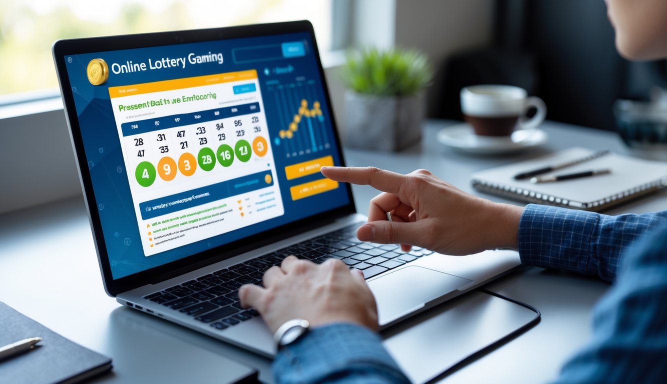 Seorang pria atau wanita sedang bekerja dengan laptop di meja yang rapi, fokus pada layar yang menampilkan antarmuka situs togel online.