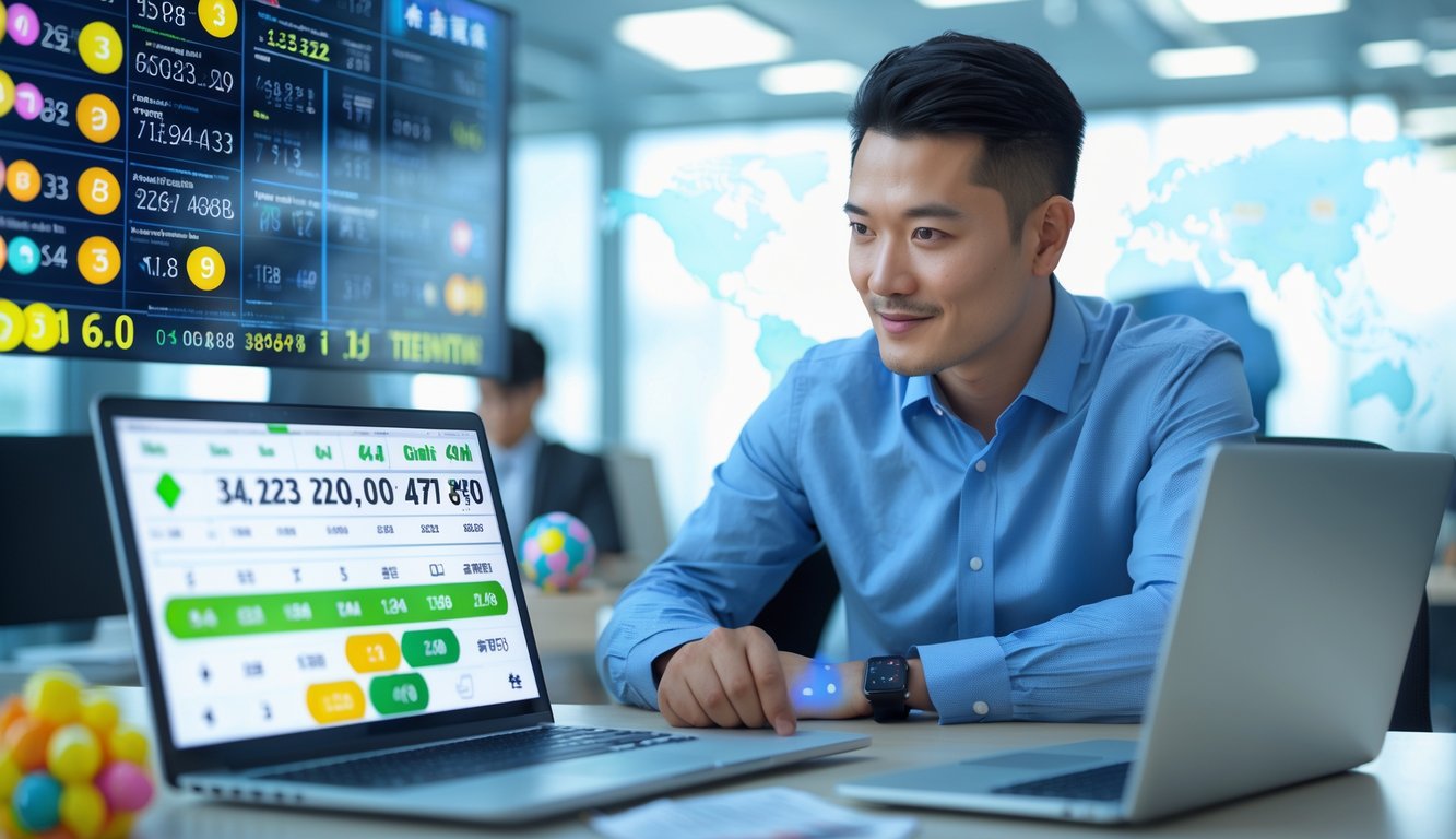 Seorang pria sedang melihat layar komputer dengan data dan grafik terkait prediksi togel di sebuah kantor modern.
