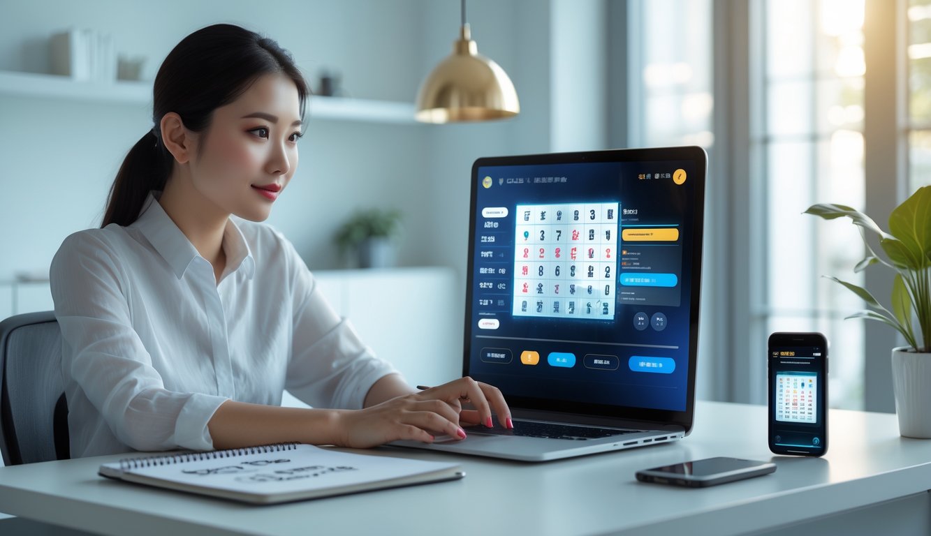 Seorang wanita muda duduk di meja dengan laptop dan ponsel, fokus pada layar yang menampilkan antarmuka togel online, dengan catatan dan kopi di meja.