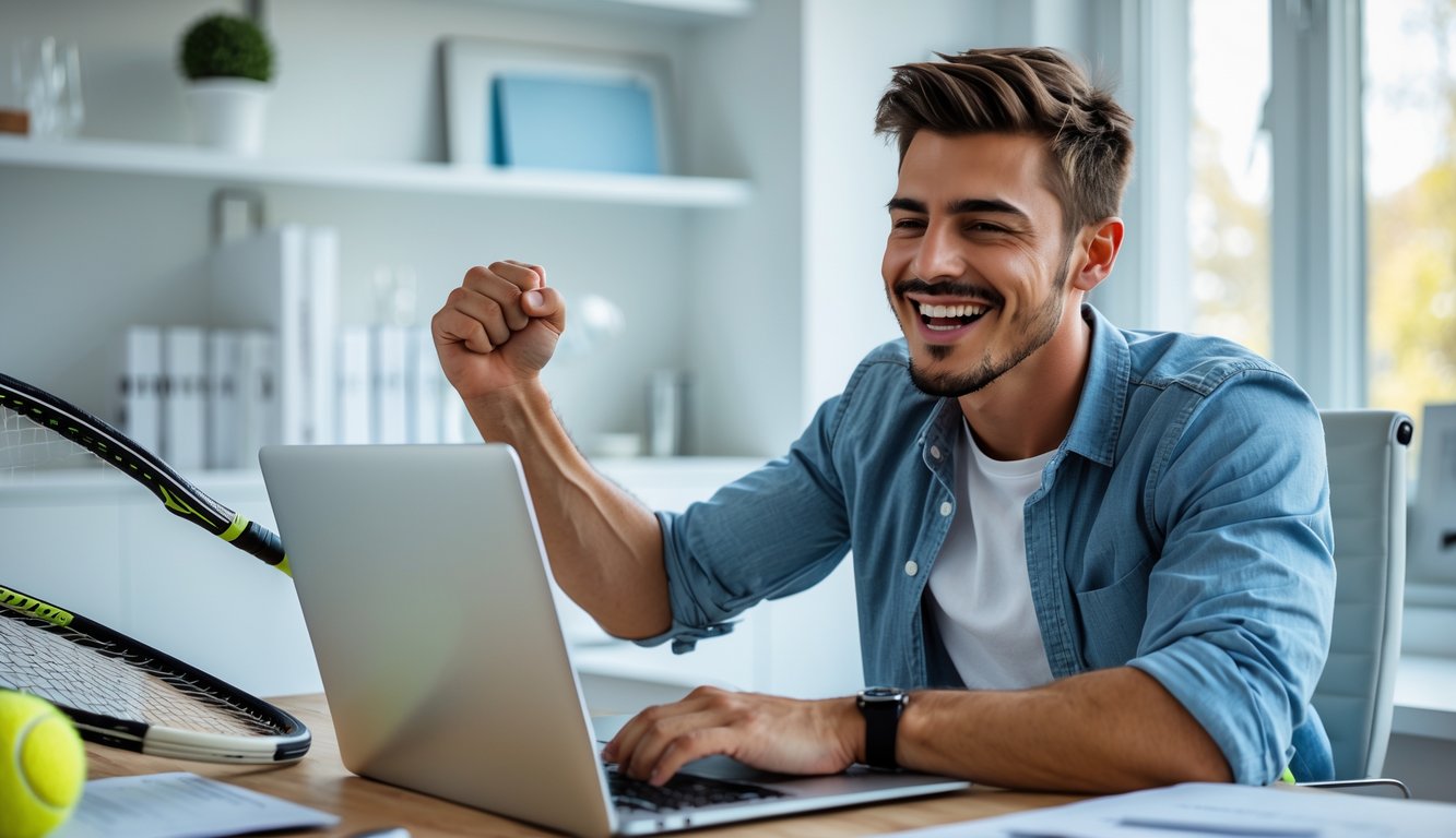 Seorang pria muda tersenyum sambil menggunakan laptop di ruang kerja dengan raket tenis dan bola tenis di sekitar meja.