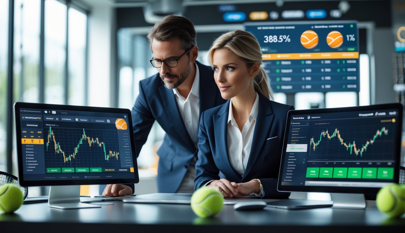 Seorang pria dan wanita bekerja sama menganalisis statistik tenis di layar digital dalam kantor modern.