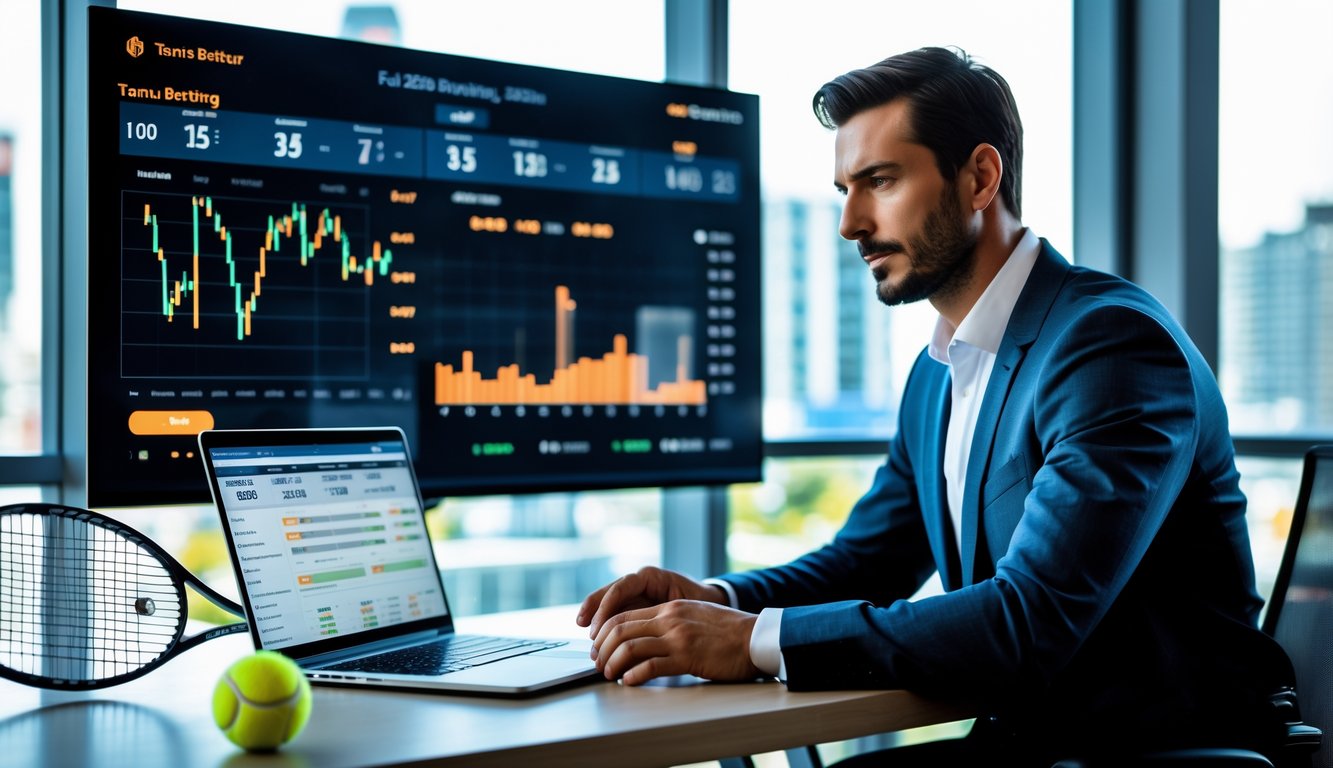 Seorang pria profesional sedang menganalisis strategi taruhan tenis di kantor modern dengan layar digital dan peralatan tenis di meja.