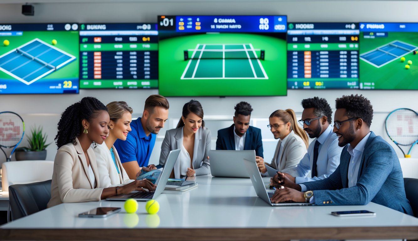 Beberapa orang dewasa fokus menggunakan laptop dan ponsel di ruangan dengan layar digital yang menampilkan pertandingan tenis dan data taruhan.