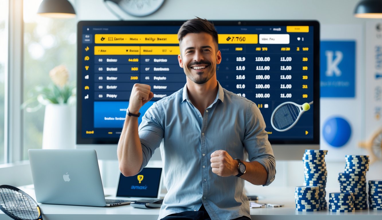 Seorang pria tersenyum dan merayakan kemenangan di depan layar digital yang menampilkan statistik pertandingan tenis dan peluang taruhan, dengan perangkat elektronik dan tumpukan chip di meja modern.