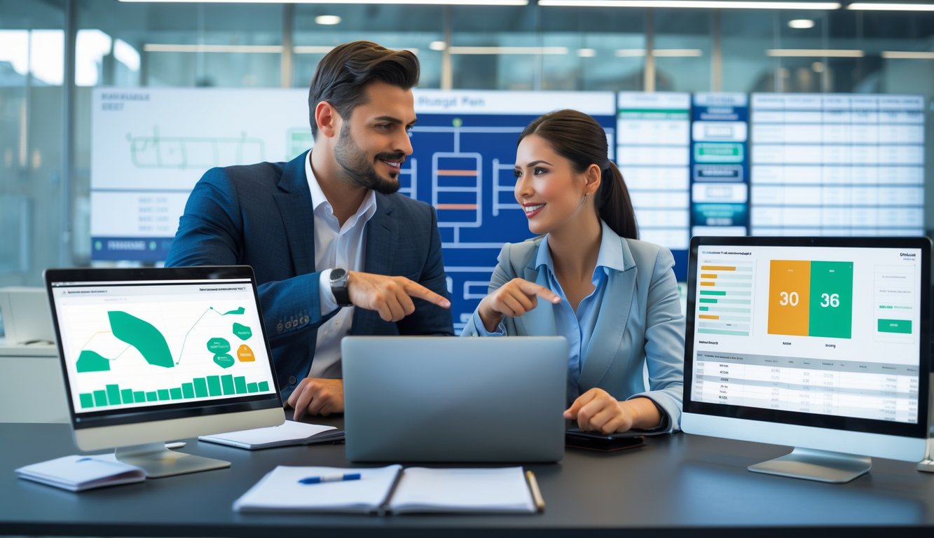 Seorang pria dan wanita sedang berdiskusi sambil melihat statistik pertandingan tenis di layar komputer di kantor modern.