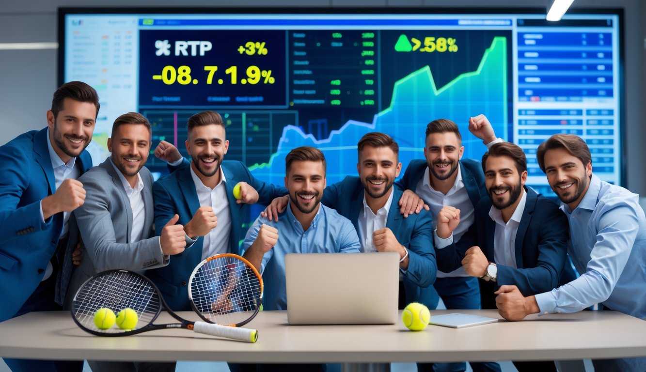 Sekelompok pria merayakan kemenangan taruhan tenis di kantor dengan laptop dan layar digital yang menampilkan statistik tenis.